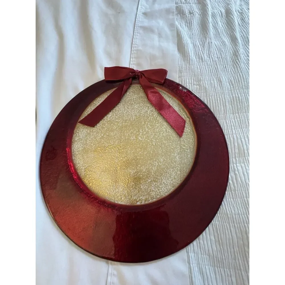 Lot of 2 Red Gold Plates Holiday Bow Christmas Home Decor Glass Frosted